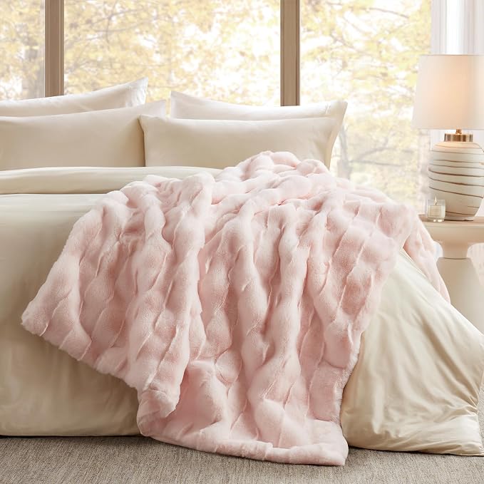 Madison Park Vivienne Faux Fur Throw Blanket Velvet, 50 x 60, Pink | All Season, Cozy Warmth for Sofa or Bed, Reversible, Lightweight, OEKO-TEX Certified