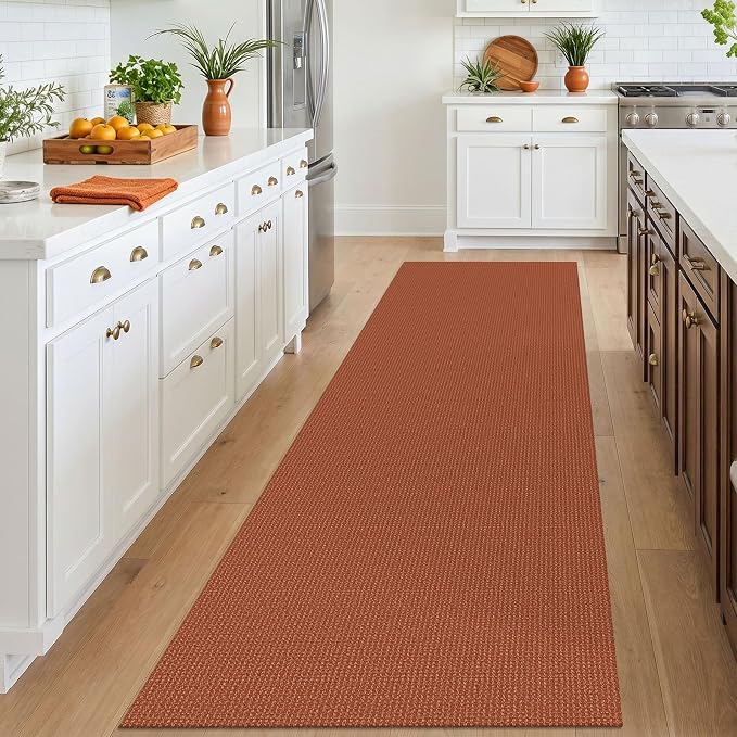 IOHOUZE Washable Runner Rug 3x10 Non Slip Rubber Backed Long Hallway Runner Entryway Runner Indoor, Kitchen Rugs Woven Cotton Floor Carpet for Hall Entrance, Burnt Orange/Tan