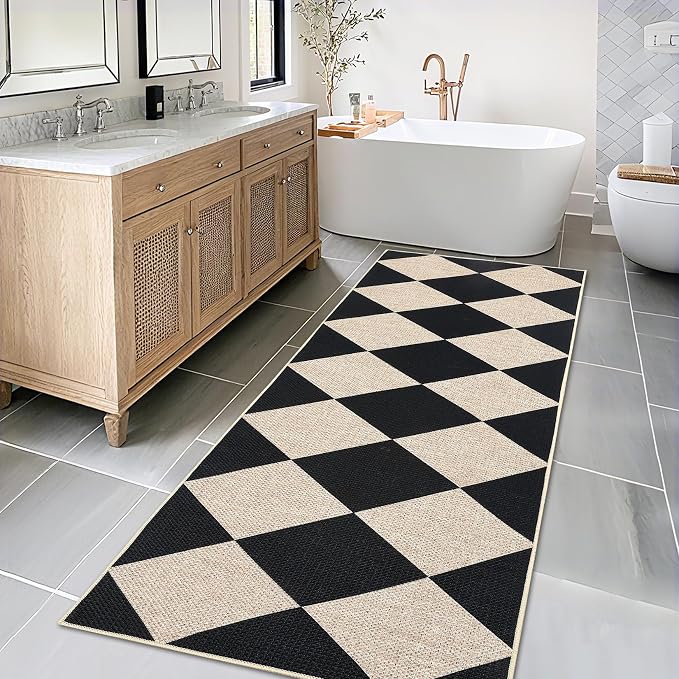 COZYLOOM Geometric Runner Rug 2x6 Kitchen Rugs Non Slip Washable Modern Diamond Pattern Rug for Entryway Non Shedding Low Pile Floor Cover Stain Resistant Foldable Carpet for Bathroom Hallway, Black