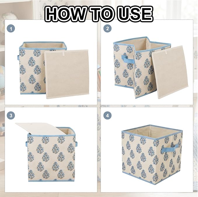 Bokon 6 Pcs 11 Inch Blue Block Print Floral Storage Bins Cube with Handles Blue Flower Fabric Storage Basket Bins Collapsible for Home Office Classroom Shelves Closets Clothes