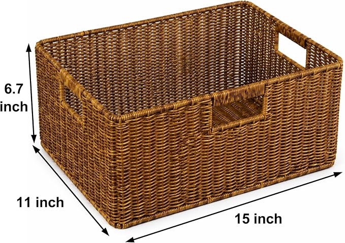 Waterproof Wicker Storage Basket with Handles, Large, Brown | 15 x 11 x 6.75 Inch Basket, Shelf Organizer, Rectangular Woven Bin, Towel and Blanket Storage, Home Decor
