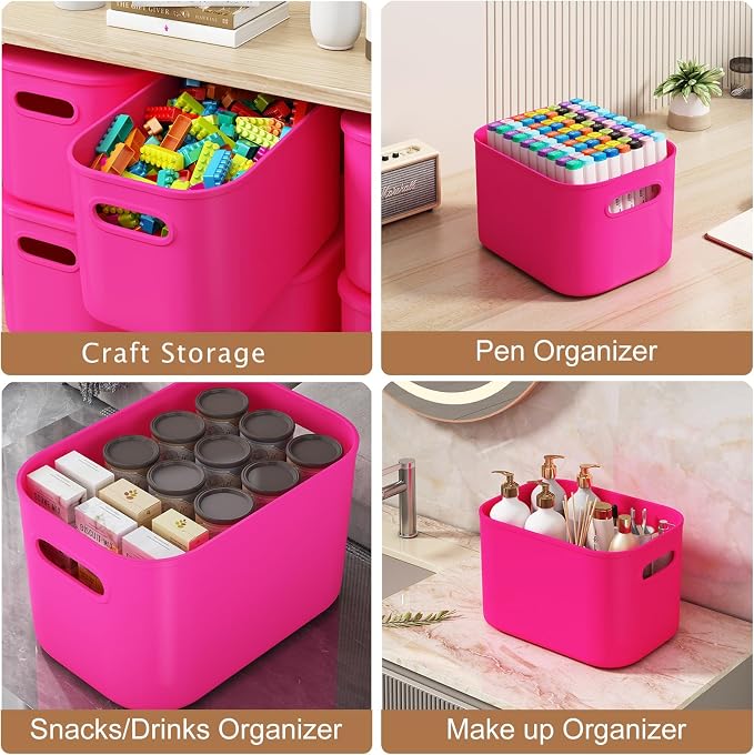 ORGIDOL 8 Pack Pink Storage Bins with Lids Stackable Storage Container for Organizing, Storage Boxes with Handle for Shelves, Cute Storage Bin for Craft, Snacks, 9.85x6.9x5.7 inch