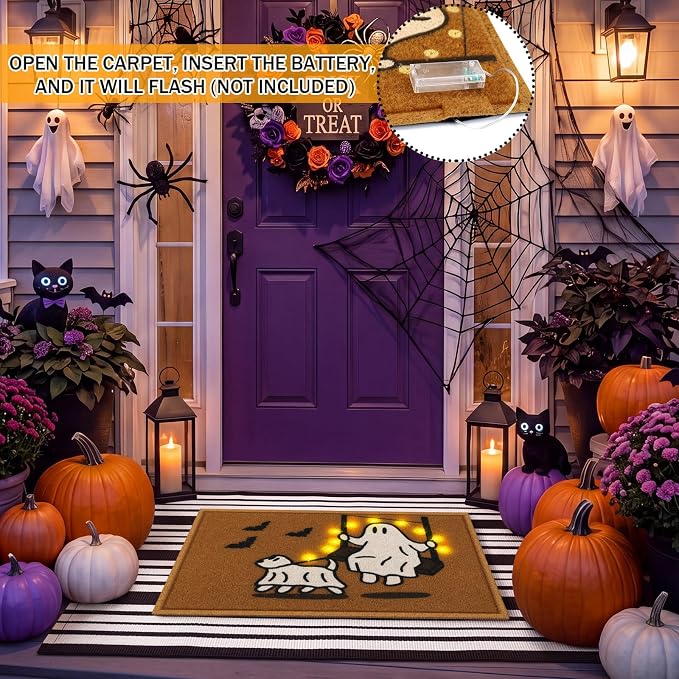 Moucuny 2 Pcs Halloween Coir Doormat Outdoor Cute Ghost with Dog Mat, Black and White Stripe Area Rug Halloween Outdoor Doormat for Front Door Porch Entryway Decor, 16'' x 28'', 24'' x 35''