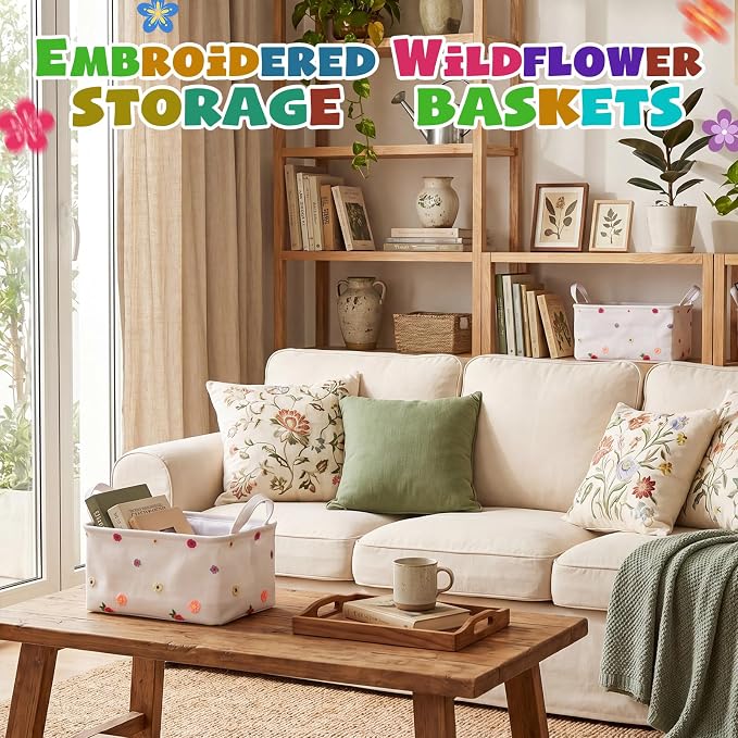 2 Pcs White Flora Storage Baskets for Shelves 14x10 in Flower Foldable Lace Mesh Storage Bin with Handle Decorative Closet Organizer for Home Decor Office Laundry Countertop Tabletop Car