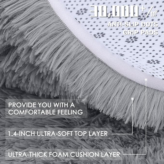 OLANLY Light Grey Round Rugs for Bedroom - Machine Washable, 4 ft Circle Area Rugs for Living Room, Soft and Fluffy Shaggy Carpet for Teen Girls and Boys, Nursery Rooms, Dorms, Home Decor Aesthetic