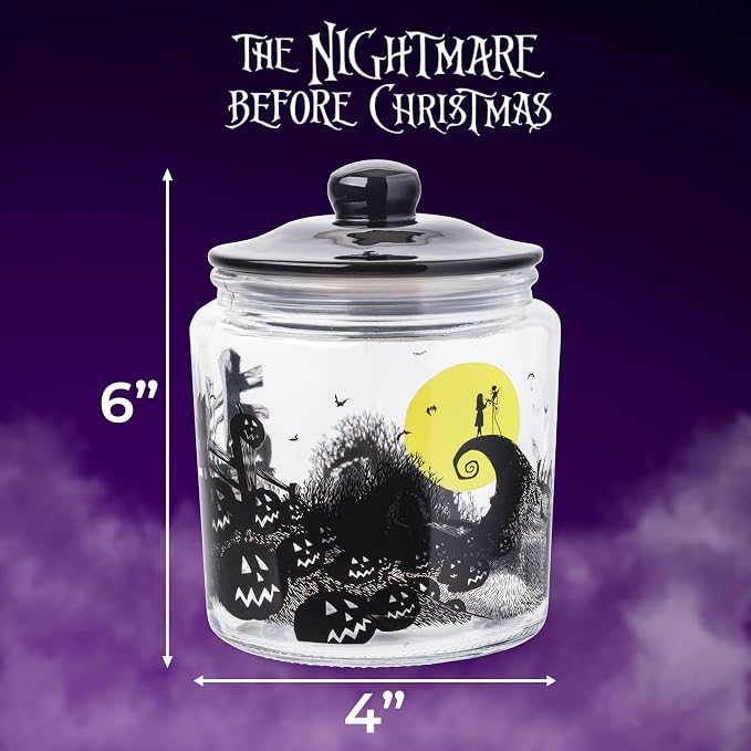 Silver Buffalo Disney The Nightmare Before Christmas, Glass Jar with Lid | Tim Burton, Moon Hill, Graveyard Scene, Jack Skellington and Sally, Cookie Snack Candy, Small Size