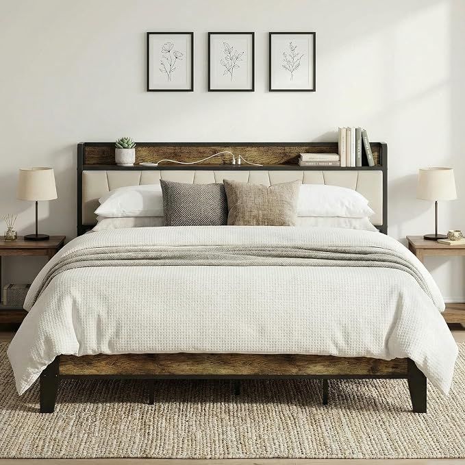 LIKIMIO King Bed Frame, Storage Headboard with Charging Station, Solid and Stable, Noise Free, No Box Spring Needed, Easy Assembly (Walnut and Beige)