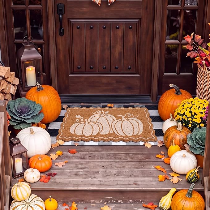 Moucuny 2 Pcs Fall Coir Doormat Outdoor, Wavy Edge Pumpkin Welcome Mat, Black and White Plaid Outdoor Rug Non Slip Floor Door Mat for Entrance Front Porch Decor, 24'' x 35'', 16'' x 28''
