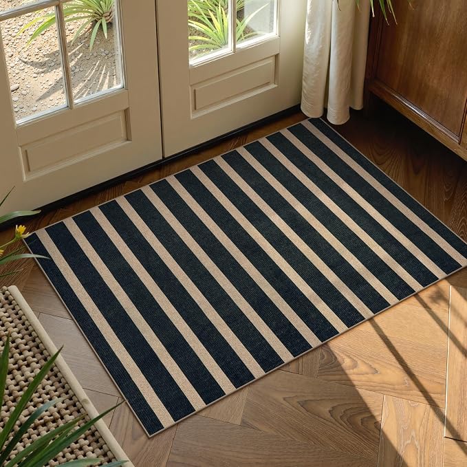 Lahome Striped Easy Jute Front Door Mat, 2x3 Kitchen Outdoor Rug Washable | Indoor Entryway Rugs Black, Modern Farmhouse Neutral Non Slip Non Shedding Small Carpet for Entry Welcome Entrance Foyer