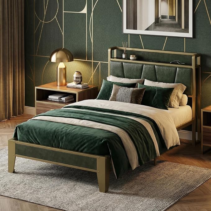 LIKIMIO Twin XL Bed Frame, Storage Headboard with Charging Station, Solid and Stable, Noise Free, No Box Spring Needed, Easy Assembly (Dark Green)