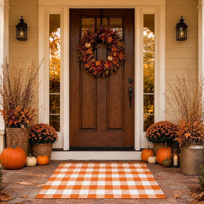 27.5"x43" Outdoor Rug, Orange and White Front Door Mat, Cotton Woven Entryway Rug, Washable Layering Rug for Front Porch Fall Outdoor Decor