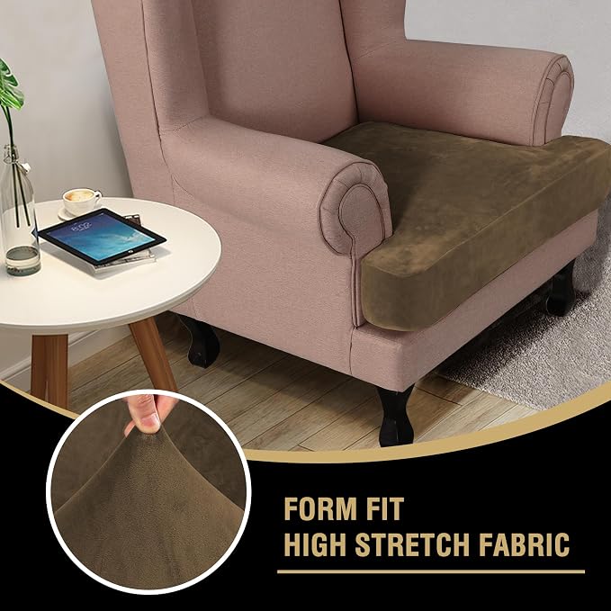 H.VERSAILTEX Stretch Velvet T Cushion Chair Covers for Living Room Armchair Sofa Cover Couch Cover Slipcover T Cushion Seat Cover Stay with Elastic Bands (Armchair, Bronze Brown)