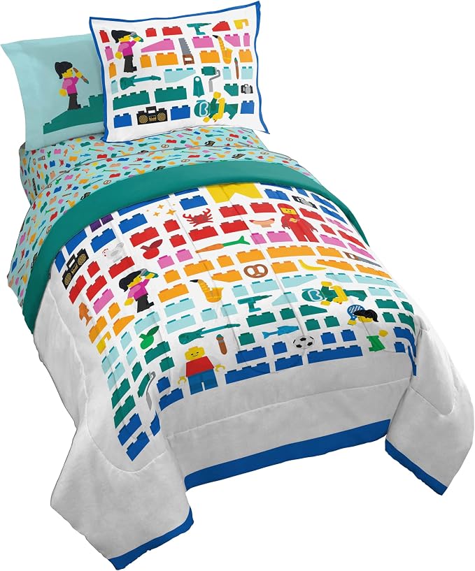 LEGO® Blocks Twin Comforter Set 5 Piece Soft Kids Bedding, White | Bed in a Bag, Comforter Sheets Sham Pillowcase, Official Product, Soft Microfiber, Machine Washable, Easy Care, Kids Gift