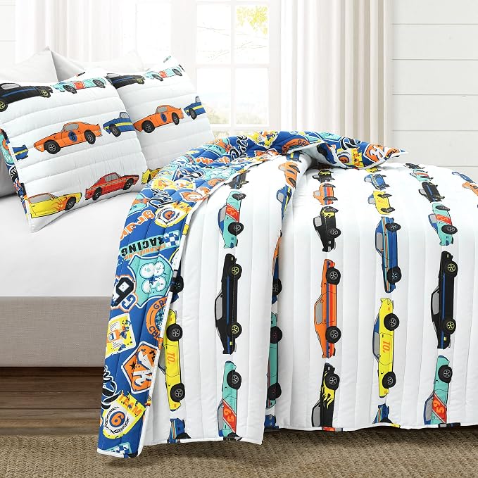 Lush Decor Race Car Kids' 2-Piece Quilt Bed Set, Reversible Bedding Set for Boys, White, Twin