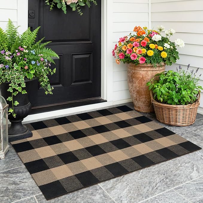 Uphome Bufflo Plaid Outdoor Rug 27.5"x43", Black Natural Checkered Front Door Mat for Fall Decor, Indoor Outdoor Farmhouse Cotton Porch Rug for Layered Door Mats, Washable Area Rugs for Entryway