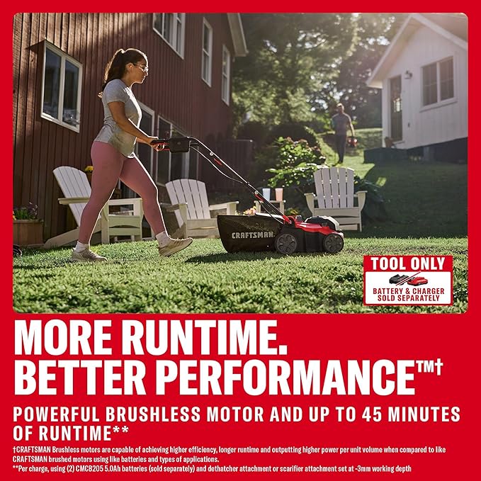 CRAFTSMAN 2 X V20 Brushless RP Lawn Dethatcher and Scarifier, Cordless, 14 in Deck, Up to 45 Min of Runtime, 50L Removable Collection Bag, Tool Only (CMCOE210B)