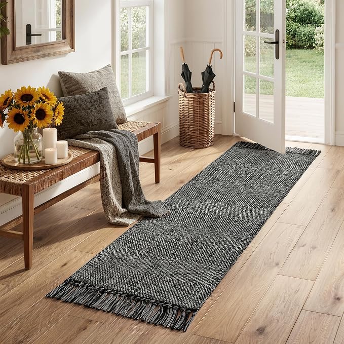 Collive 2' x 6' Kitchen Runner Rug, Modern Farmhouse Washable Bathroom Mat, Boho Hand-Woven Hallway Runner Rugs Black Reversible Bedroom Carpet for Laundry Entryway Home Decor