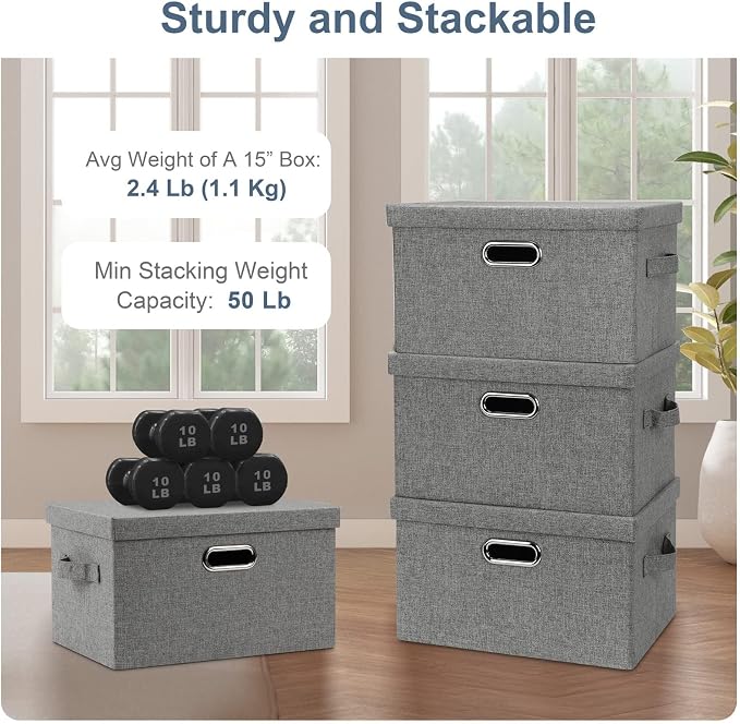 Graciadeco Medium 15" 21 Quart Collapsible Stackable Storage Bins with Lids, 1 Pack Gray Foldable Fabric Closet Storage Boxes with Lids, 4 Handles Heavy-duty Linen Cube Baskets for Bedroom | 21 Quart 1 Pack Gray1 Collapsible Stackable Linen Fabric 4 Ha...