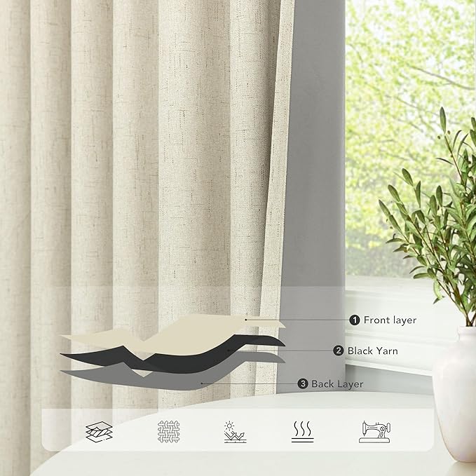 102 Inch Long Curtains for Bedroom Living Room Darkening Blackout Thermal Thick Linen Textured Luxury Curtain Drape for Sliding Glass Patio Door Set of 2 Panel 102 In Length Back Tab Ivory Cream Beige