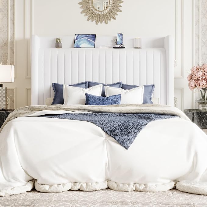 SHA CERLIN Queen Size Velvet Bed Frame with Shelf, Charging Station, White | Wingback Storage Headboard, Upholstered Platform Bed, Wooden Slats Support, No Box Spring Needed, Easy Assembly, Noise Free