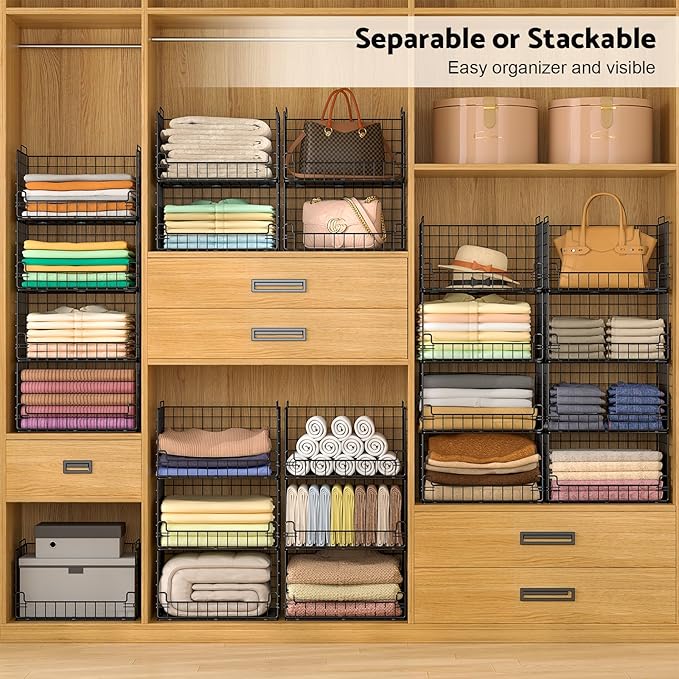 6-Tier Stackable Closet Organizers and Storage Basket - Foldable Closet Shelf Organizer System, Sturdy Metal Space-Saving Clothes Storage Bins for Wardrobe, Black