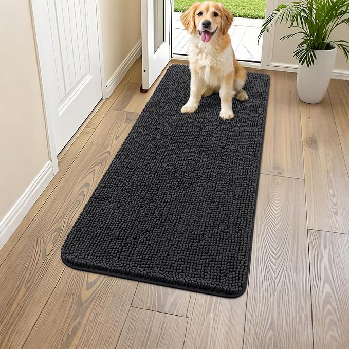 Smiry Dog Door Mat for Muddy Paws 44x24, Absorbent Dirt Trapper, Non-Slip Washable Chenille Entryway Rug for Inside Floor, Black, Classic Solid