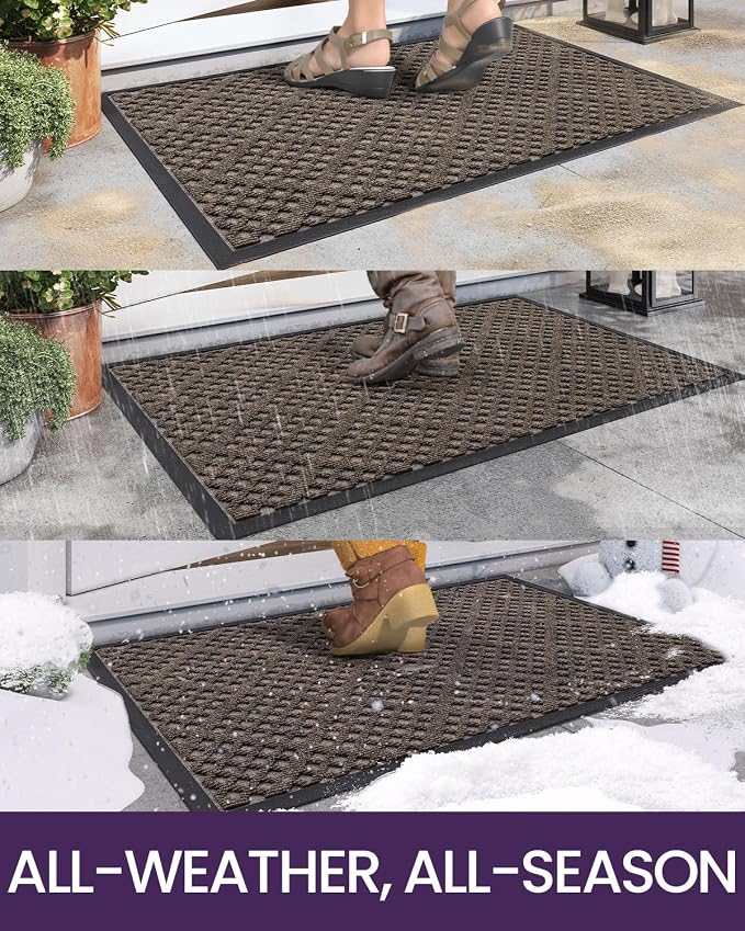 DEXI Front Door Mat Outside Entrance, 3x5 Heavy Duty Entry Doormat Dirt Trapper with Rubber Back, Non Slip Low Profile Floor Mats for Entryway Exterior Patio, Rhombic Brown