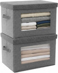 2-Pack Storage Bins with Lids & Clear Window, Foldable Fabric Closet Organizer Boxes, Stackable Cube Baskets with Soft Handles for Clothes & Blankets, 15", Grey