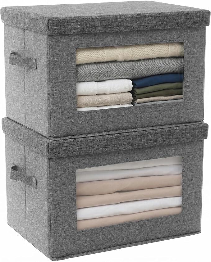 2-Pack Storage Bins with Lids & Clear Window, Foldable Fabric Closet Organizer Boxes, Stackable Cube Baskets with Soft Handles for Clothes & Blankets, 15", Grey