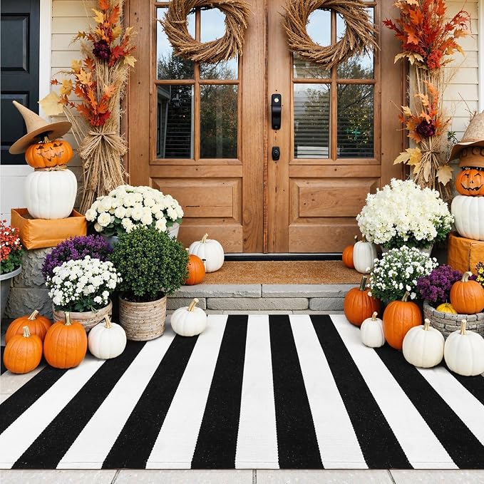Collive Black and White Outdoor Rug 3'x 5', Hand Woven Washable Striped Outdoor Rug, Farmhouse Fall Front Porch Rug Decor, Welcome Layered Door Mats for Front Door Entryway Patio