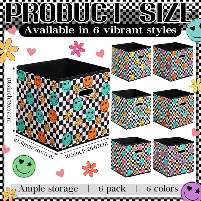 Gerrii 6 Pack 11 Inch Cube Storage Bins for Classroom Foldable Fabric Storage Cube Bins Checkered Smile Face Organizing Baskets with Grommet Handles for Back to School Organizer Shelves Decor