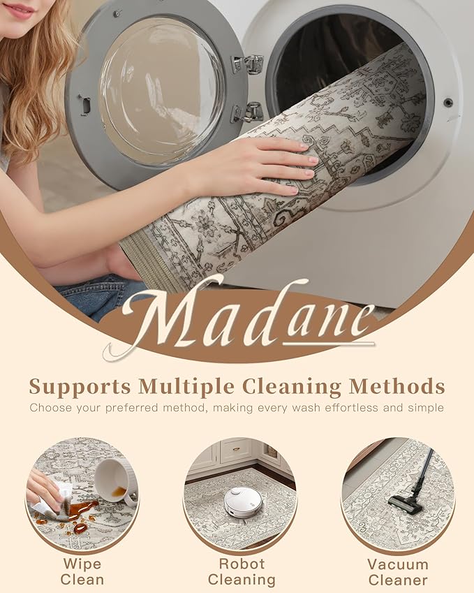 Madane Kitchen Runner Rug - 2x7 Runner Rugs with Rubber Backing Non Slip Vintage Washable Rug Runner Ultra-Thin Throw Carpet Runners for Hallways Bedroom Laundry Room (2'x7', Beige/Brown)