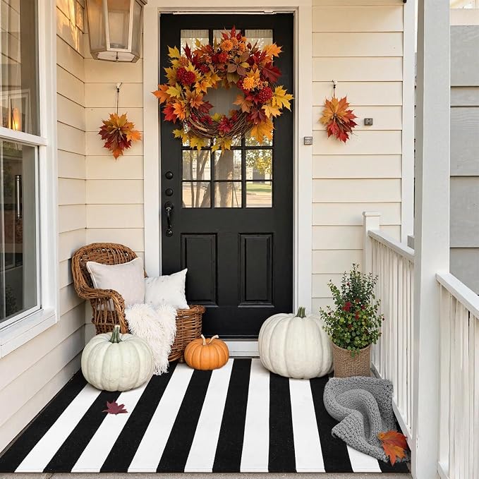 Collive Black and White Outdoor Rug 3'x 5', Hand Woven Washable Striped Outdoor Rug, Farmhouse Fall Front Porch Rug Decor, Welcome Layered Door Mats for Front Door Entryway Patio