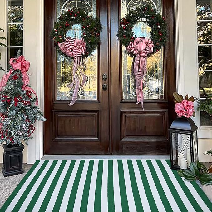 Green & White Striped Rug, 3' x 5' Indoor/Outdoor Area Rug for Front Porch, Entryway, Machine Washable Cotton Woven Welcome Door Mat