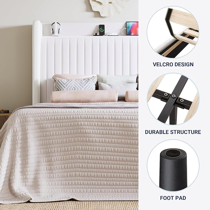 Allewie Full Size Platform Bed Frame with USB Charging Station and Storage Shelf/Upholstered Velvet Wingback Headboard/Wooden Slats Support/No Box Spring Needed/Easy Assembly, White
