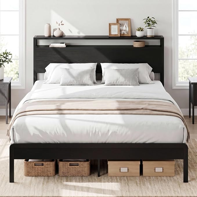 LIKIMIO Queen Bed Frame with 2-Tier Storage Shelf Headboard | Dark Wood Platform Bed, Camas Queen with Strong Metal Supports, Sturdy, Noise-Free, No Box Spring Needed, Classic Black