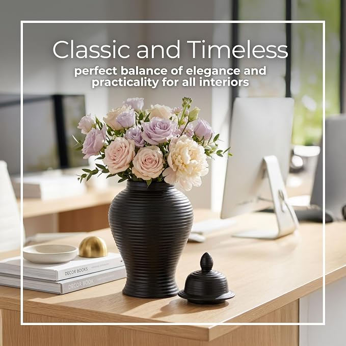 Ribbed Ceramic Temple Jar with Lid for Living Room Decor - Modern Flower Vase for Bedroom, House, or Office Display - Sculptural Home Accent for Kitchen Counter or Table Decor - 18", Black