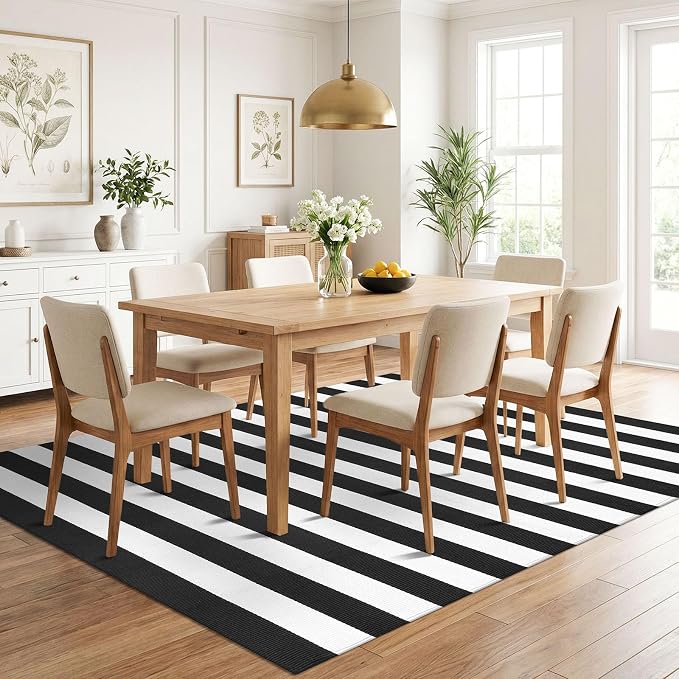 KILOCOCO Black White Striped Rug 5x7 Area Rug for Living Room Washable Rugs | Machine Washable Front Porch Layered Rugs, Cotton Rug for Patio, Outdoot Rug for Farmhouse, Woven Indoor Bedroom Carpet