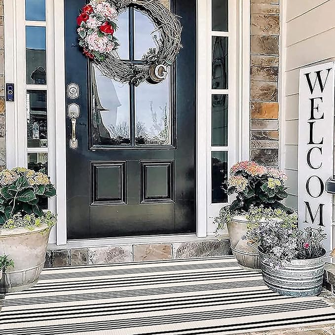 BUAGETUP Black and White Outdoor Rug 3'x 5' Cotton Woven Washable Rug Striped Front Porch Rug Area Rug Floor Mat for Farmhouse/Layered Door Mats/Living Room