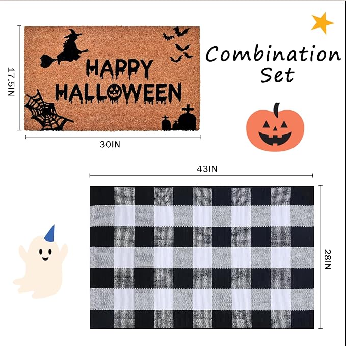 Homydecor Halloween Decor Doormat Combo Set, 100 Percent Coco Coir Welcome Mat + 28X43 Inches Black and White Plaid Rug - Halloween Front Porch Entryway Decor Floor Mat, Outdoor Mats Happy Halloween