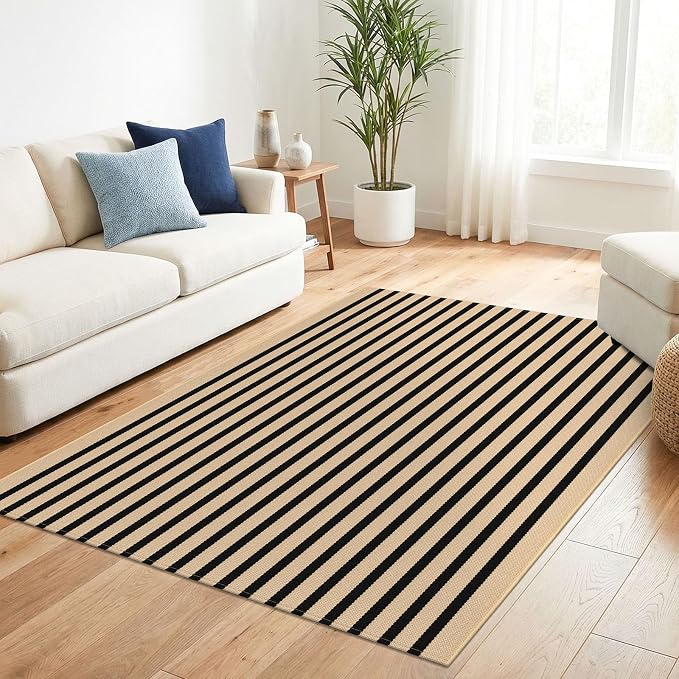 KILOCOCO Striped Rug 4x6 ft Washable Front Door Outdoor Rug, Brown Black | Cotton Front Porch Rug, Woven Living Room Rug, Low Pile Welcome Mat for Entryway, Layered Farmhouse Kitchen Patio Carpet