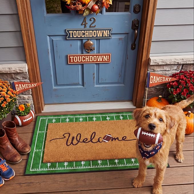 Moucuny 2 Pcs Football Doormat Outdoor, Welcome Coir Football Mat 16 x 28, Layered Green Decor Field Rugs 24 x 35, Non-Slip Sports Front Door Porch Entryway Decor for Man Cave, Game Day, Home Gym