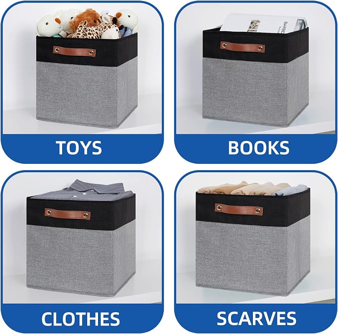 Temary Fabric Cube Storage Bins 12 Inch Decorative Storage Cubes Baskets 4 Pack Foldable Cube Storage Bins for Closet, Shelves (Black&Grey)