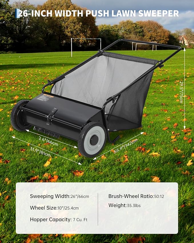 26-Inch Push Lawn Sweeper-Manual Yard Sweeper Walk Behind for Leaves Collector and Grass Clippings,7 Cu. Ft. Hopper Capacity, Height Adjustable, Fast Spinning Brushes
