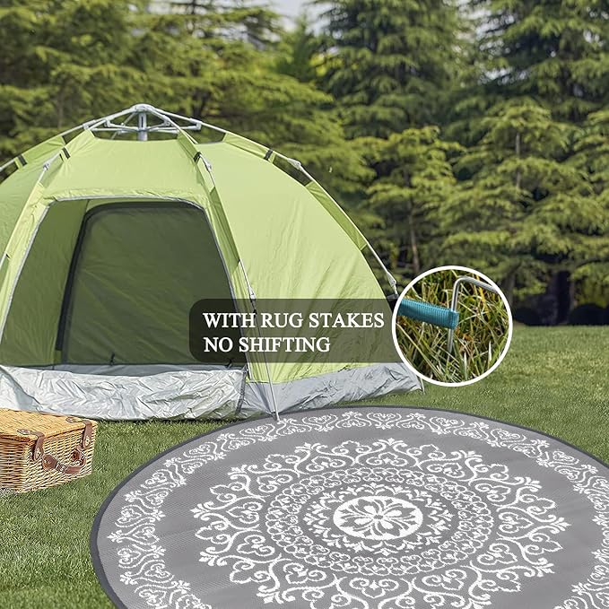 Pauwer Outdoor Rug 6ft, Waterproof Plastic Straw Camping Rug, Floral Grey | Reversible Patio Rug, UV Resistant Indoor Outdoor RV Mat Carpet For Deck, Camper, Porch, Balcony, Backyard, Picnic, Foldable