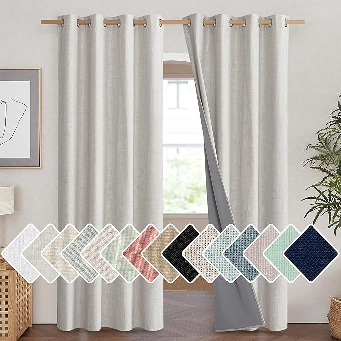 NICETOWN Snowbound Vintage Linen 100% Blackout Curtains for Living Room, Thermal Insulated Curtains 90" Long, Noise Reducing Window Treatment Drapes for Home Cinema, 52" Wide Per Panel, Set of 2
