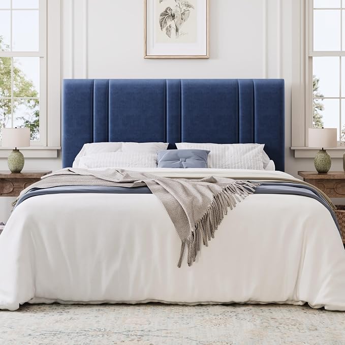 SHA CERLIN Full Size Velvet Bed Frame with Adjustable Headboard, Blue | Vertical Channel Tufted Design, Upholstered Platform Bed, Wood Slats Support/No Box Spring Needed/Easy Assembly