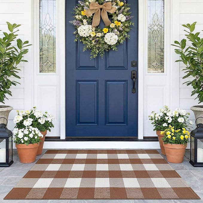 KOZYFLY Buffalo Plaid Area Rugs 2.3x3.6 Ft Brown and White Rug Washable Front Door Mat Woven Cotton Indoor Outdoor Rug for Front Porch Kitchen Entryway Patio Farmhouse Checkered Doormat
