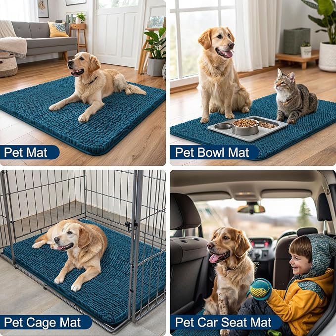 Smiry Dog Door Mat for Muddy Paws 40x32, Absorbent Dirt Trapper, Non-Slip Washable Chenille Entryway Rug for Inside Floor, Atlantic Blue, Classic Solid