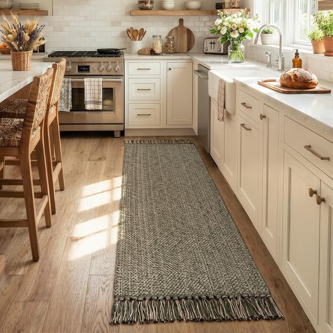 Collive 2' x 6' Kitchen Runner Rug, Modern Farmhouse Washable Bathroom Mat, Boho Moss Green Hallway Runner Rugs Hand-Woven Reversible Bedroom Carpet for Laundry Entryway Home Decor
